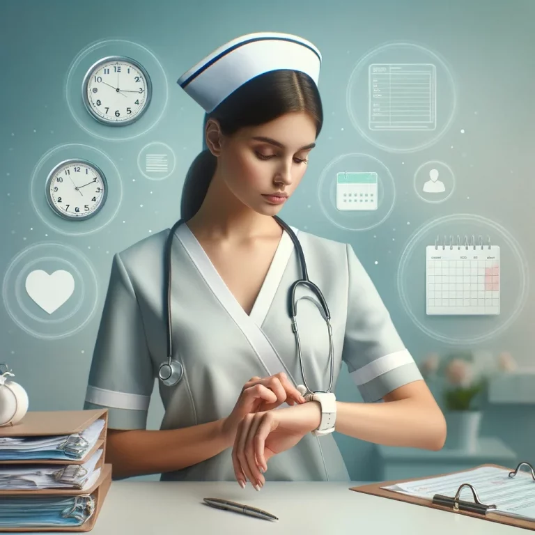 Krankenschwester betrachtet Uhr umgeben von Symbolen des Zeitmanagements und der Pflege.