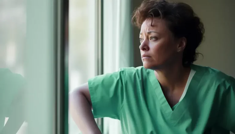Pflegekraft in Grün schaut nachdenklich aus dem Fenster, reflektierend über die emotionalen Belastungen ihres Berufs