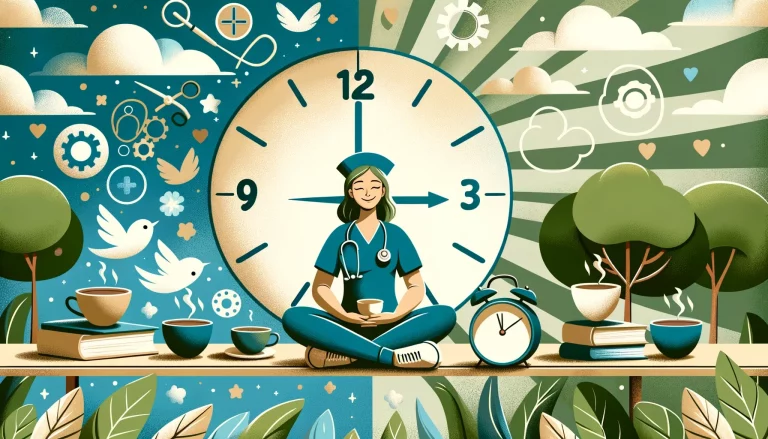 Eine Pflegekraft in Meditation neben einer großen Uhr, umgeben von Symbolen der Work-Life-Balance