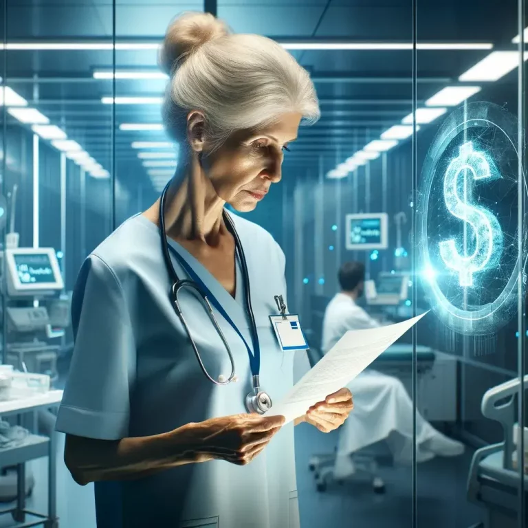 Eine Pflegefachkraft höheren Alters betrachtet einen Gehaltsbericht in einer modernen Krankenhausumgebung, symbolisiert durch ein Dollarzeichen.