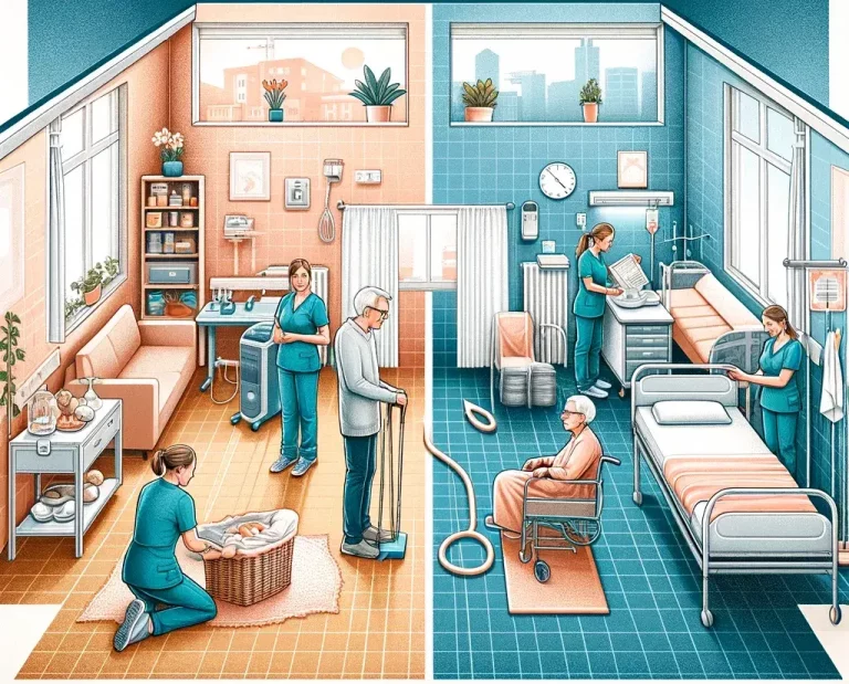 Illustration der Unterschiede zwischen stationärer und ambulanter Pflege mit Betreuern und Patienten.