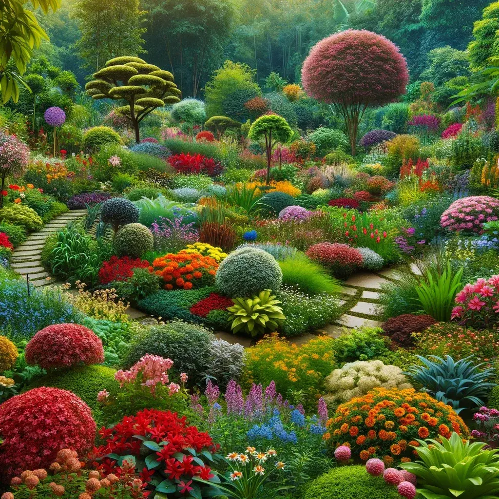 Ein üppiger Garten voller farbenfroher Pflanzen, der Ruhe und Vitalität ausstrahlt.