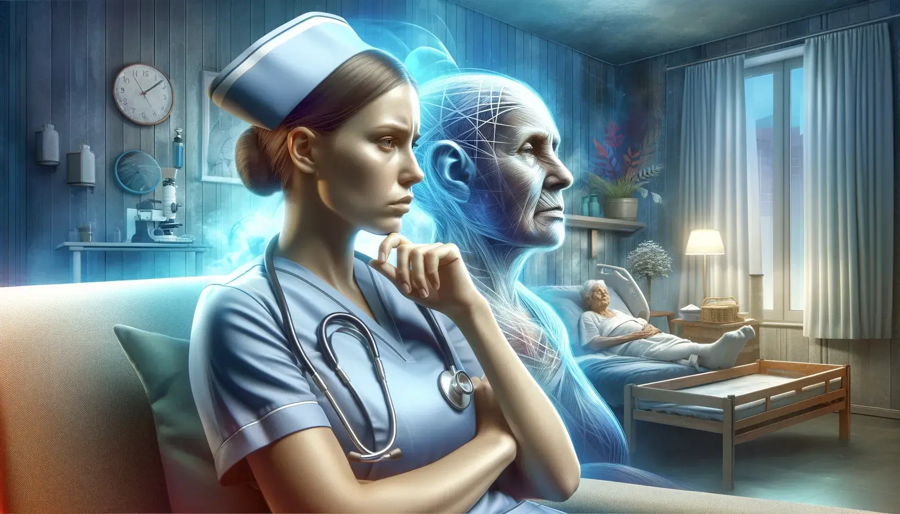 Eine nachdenkliche Pflegefachkraft in einem häuslichen Pflegeszenario.