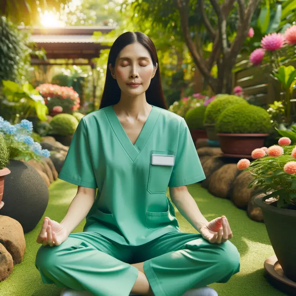 Pflegefachkraft in grüner Kleidung meditiert im Garten zur Stressbewältigung.