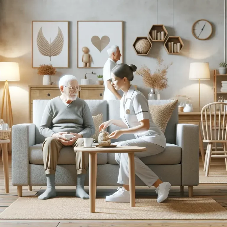 Pflegekraft unterstützt ältere Person in einem hellen Wohnzimmer