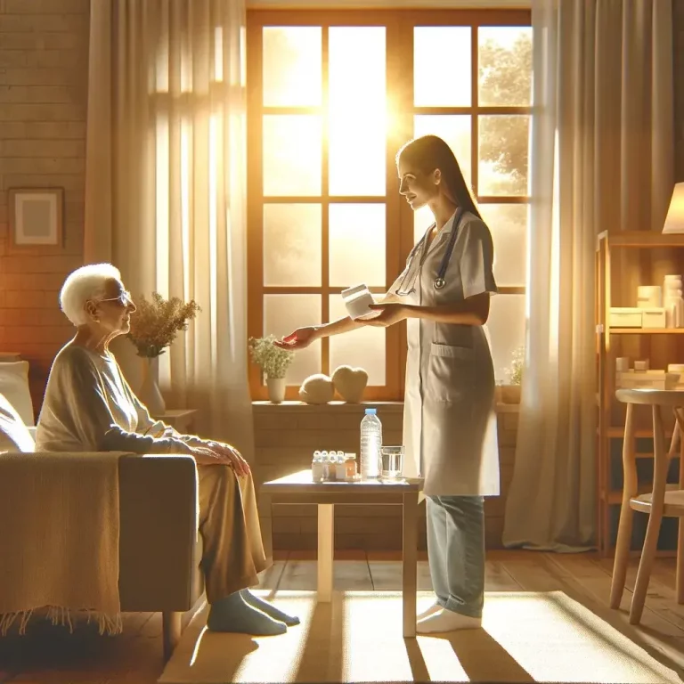 Pflegekraft unterstützt ältere Person bei der Medikamenteneinnahme in einem modernen Wohnzimmer