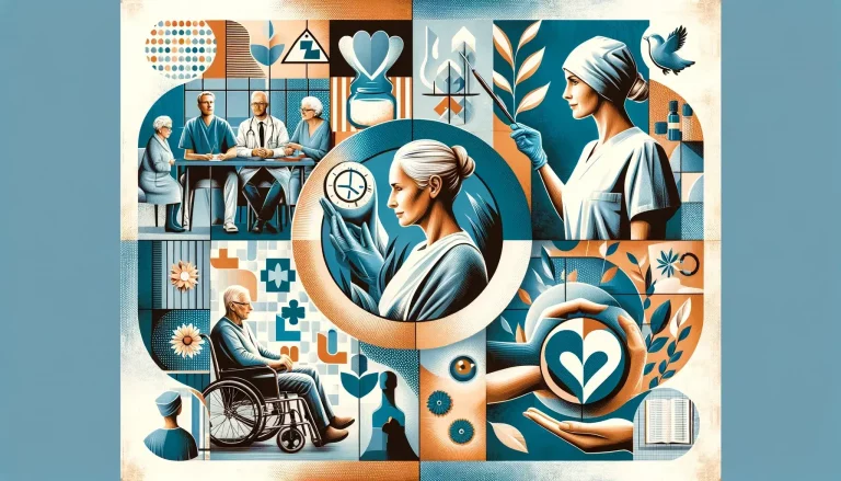 Moderne Collage von Pflegekräften, die ethische Entscheidungen treffen, mit Symbolen für Ethik-Prinzipien