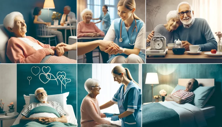 Collage verschiedener Formen der ambulanten Pflege, darunter häusliche Betreuung und Tagespflegeeinrichtungen