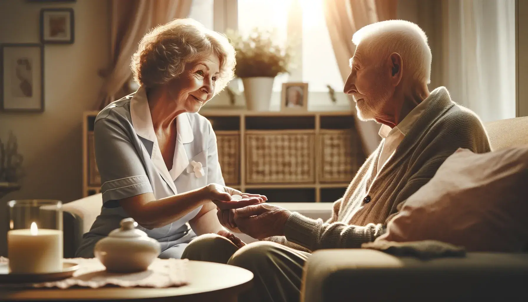 Pflegekraft im Gespräch mit einem älteren Patienten zu Hause