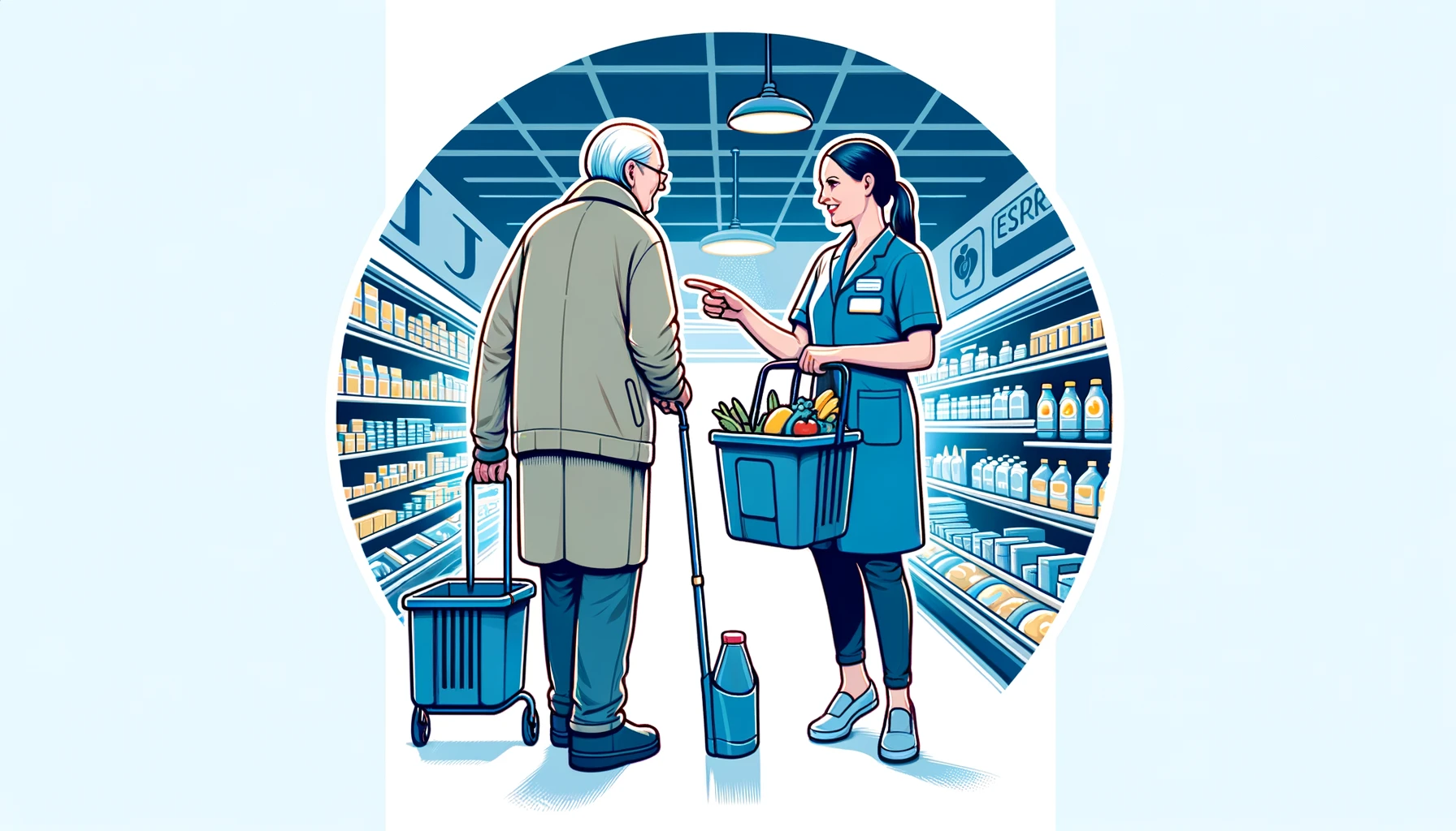 Pflegekraft beim Einkauf im Supermarkt unterstützt eine ältere Person, illustriert den alltagsnahen Aspekt der hauswirtschaftlichen Pflege.