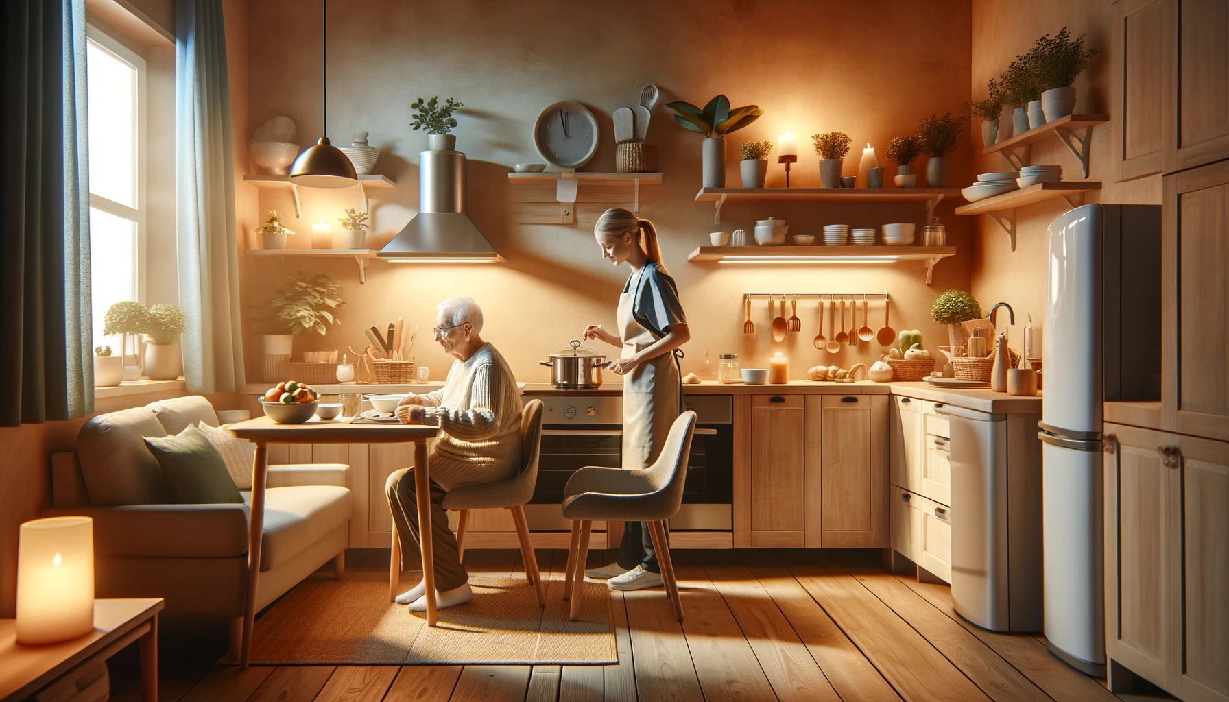 Eine Pflegekraft und eine ältere Person bereiten gemeinsam in einer gemütlichen Küche eine Mahlzeit zu, was die essentielle Rolle der hauswirtschaftlichen Pflege betont.