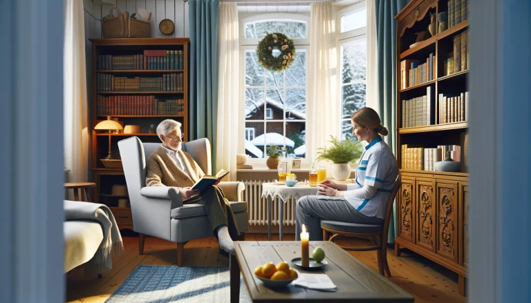 Eine Pflegekraft liest einem Senioren in einem traditionell eingerichteten Wohnzimmer vor, was die persönliche Betreuung im Rahmen der hauswirtschaftlichen Pflege hervorhebt.