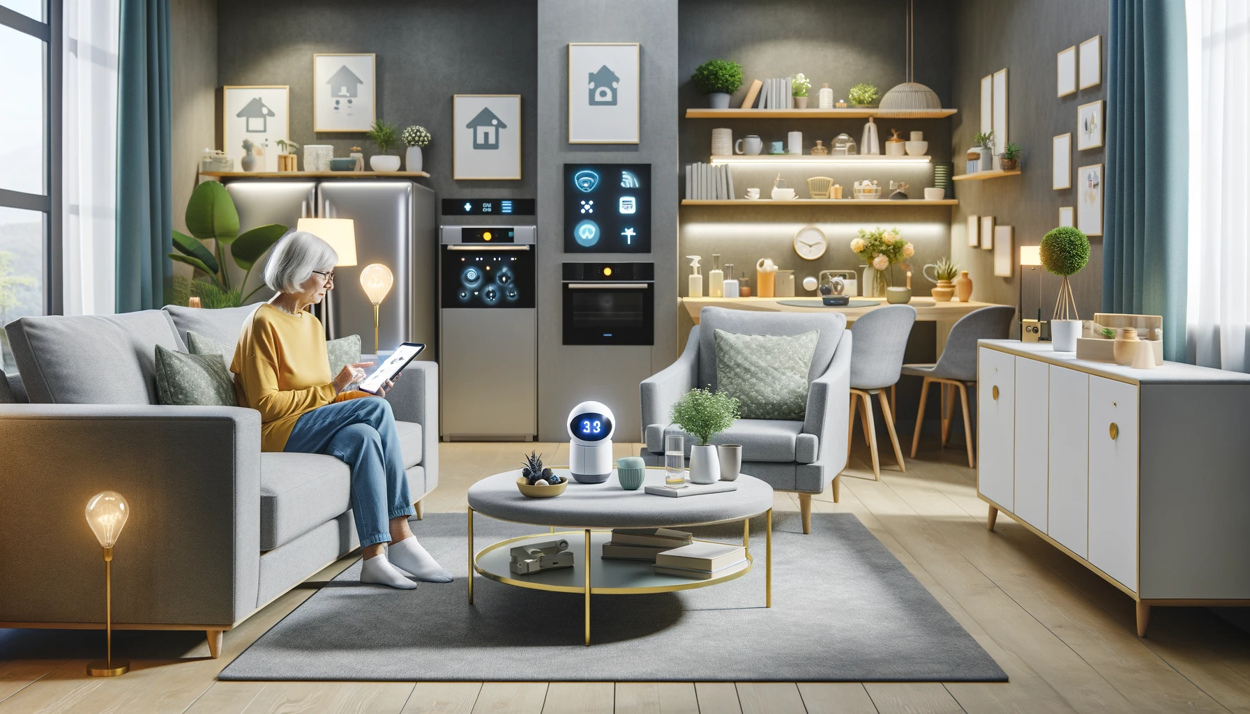 Ältere Person benutzt Tablet zur Steuerung von Smart Home-Technologien, repräsentiert moderne Ansätze in der hauswirtschaftlichen Pflege.
