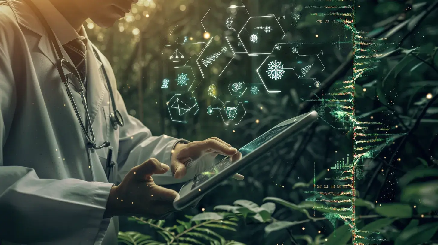 Arzt mit digitalem Tablet und holografischen Patientendaten