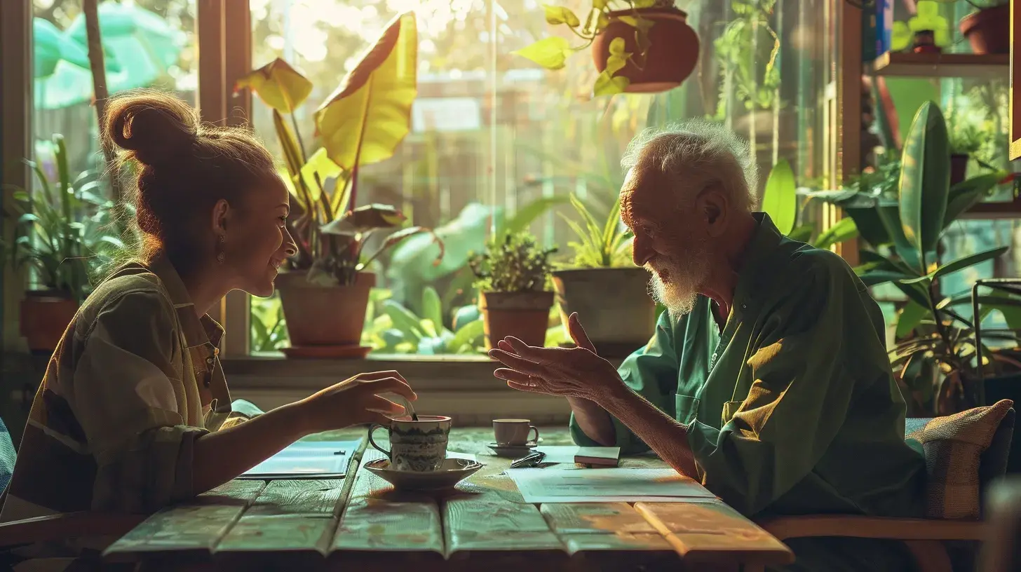 Ältere Person und junge Frau im Gespräch bei einer Tasse Tee, umgeben von Pflanzen, freundliche Atmosphäre.