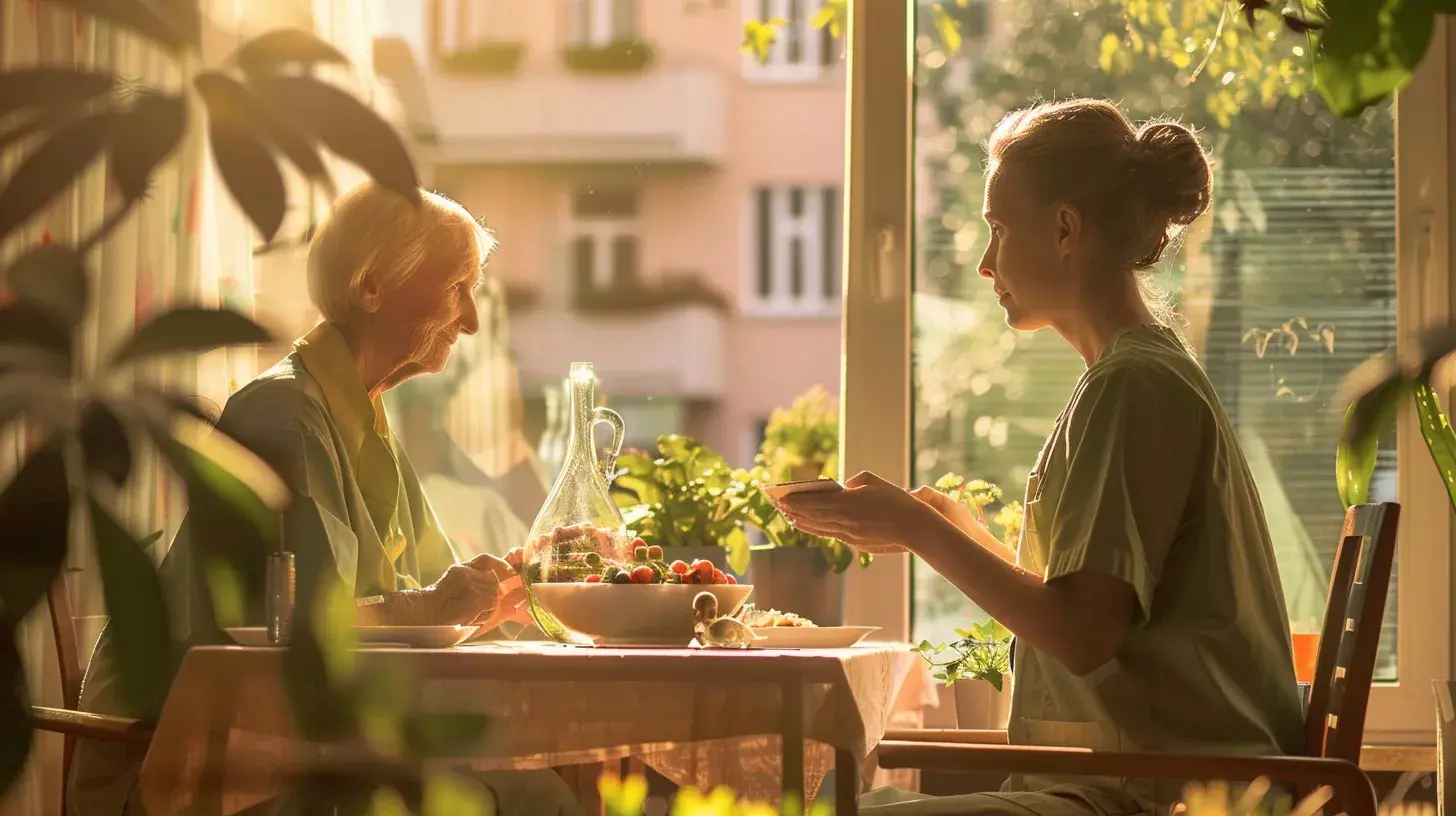 Pflegekraft bringt älterer Dame Essen in Pflegeheim