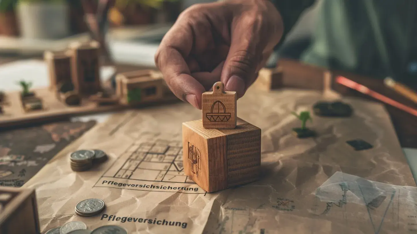 Hand hält Holztafel mit Aufschrift „Pflegeversicherung“