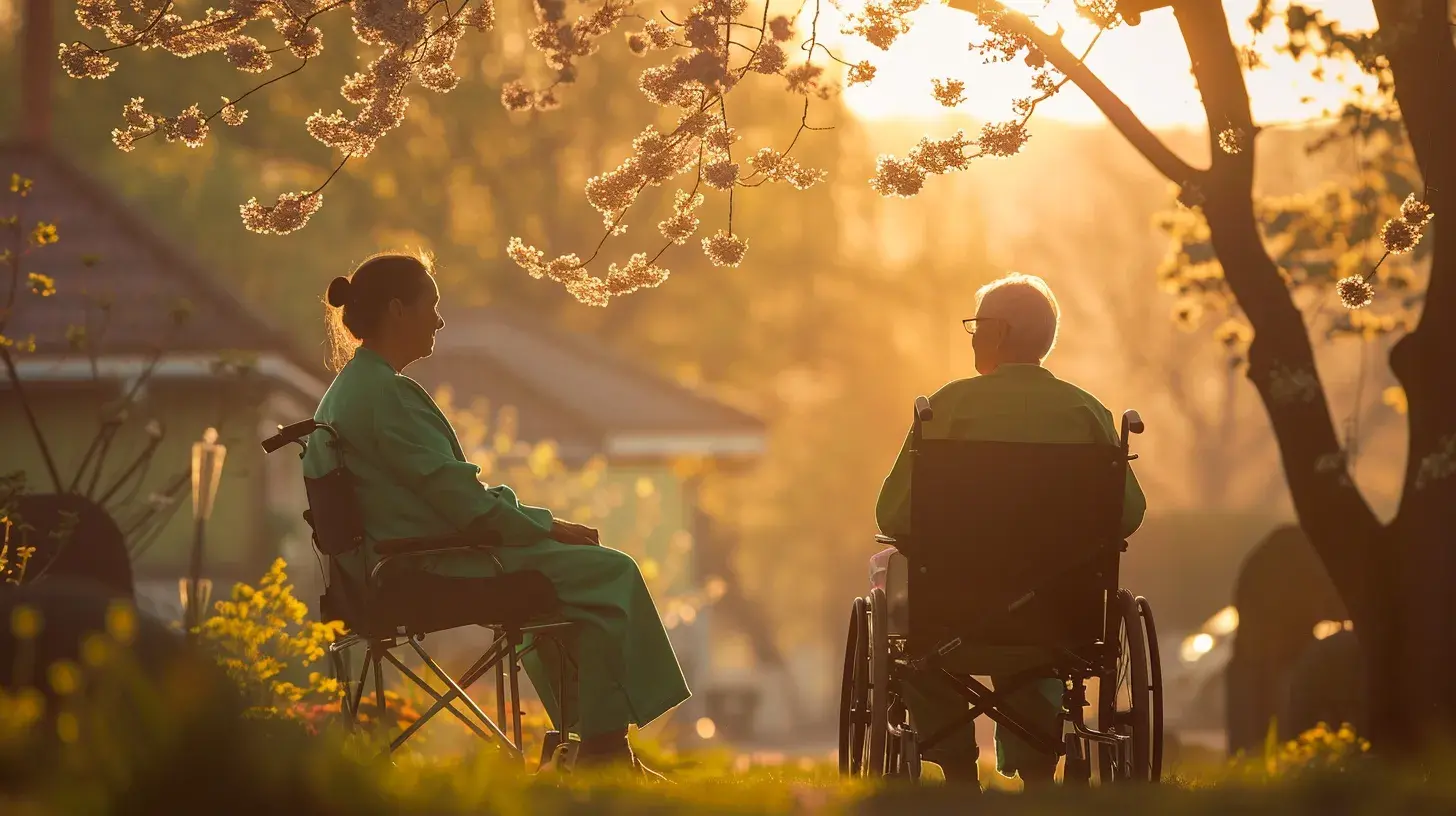 Pflegekraft und Senior im Rollstuhl genießen den Sonnenuntergang