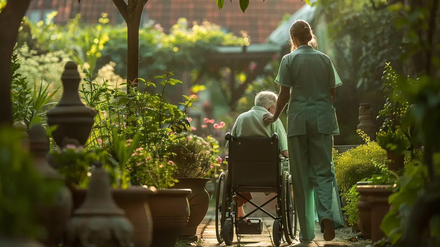 Pflegekraft schiebt älteren Mann im Rollstuhl durch einen Garten