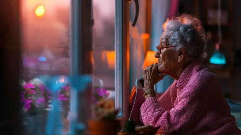 Ältere Frau schaut nachdenklich aus dem Fenster bei Sonnenuntergang