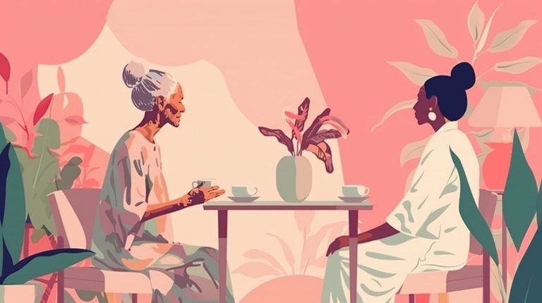 Illustration: Zwei Frauen im Gespräch bei Tee in warmer Atmosphäre